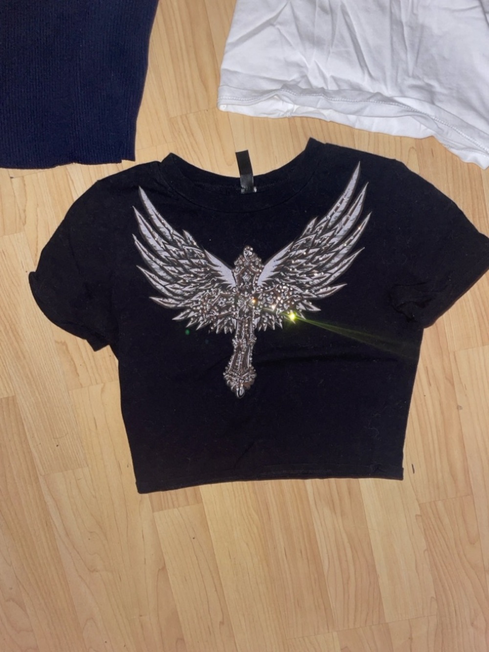 Love Tree Black Rhinestone Wing Cross Crop Tee